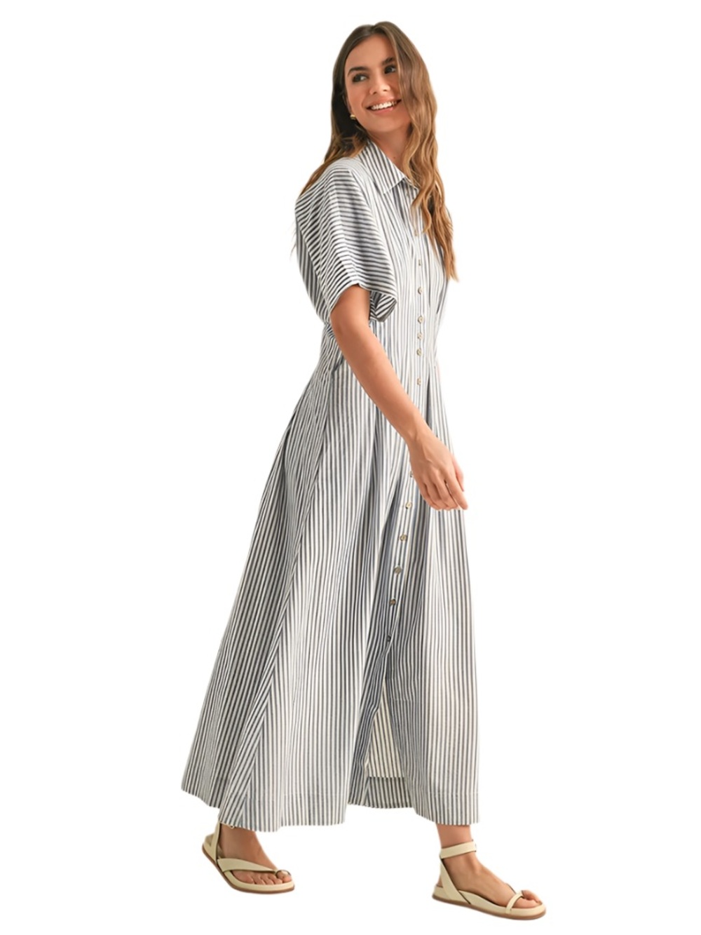 Miou Muse Adler Striped Buttondown Shirt Dress in Blue Stripe Size Medium Cotton